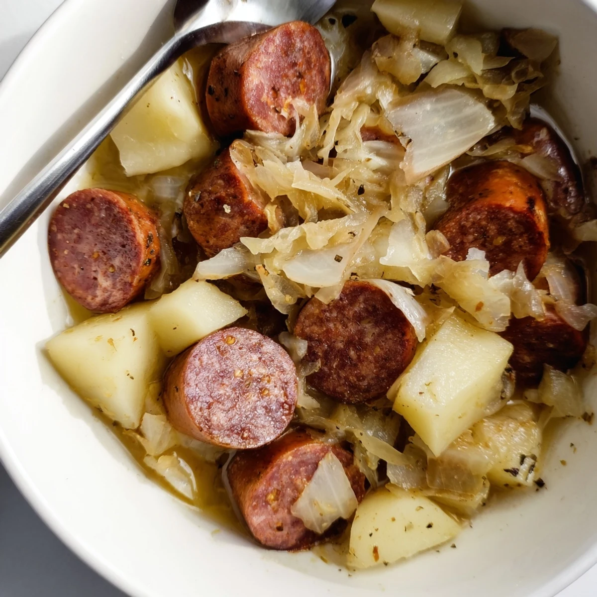 Saftige Würste und aromatisches Sauerkraut in einer herzhaften Pfanne zubereitet.  