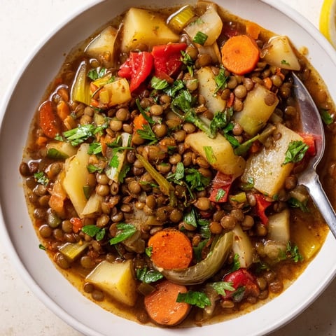 Herzhaftes One-Pot-Linsen-Eintopf mit frischem Gemüse und aromatischen Gewürzen.