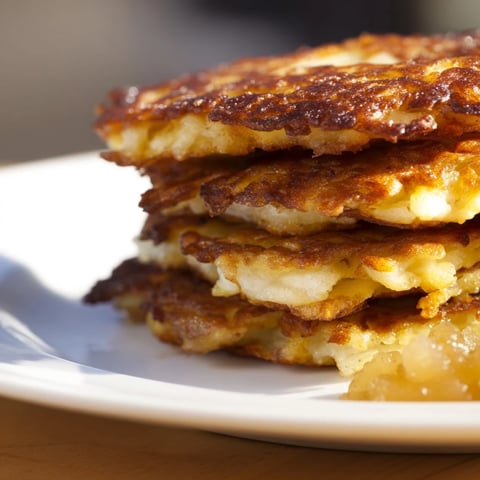 Goldene, knusprige Kartoffelpuffer mit süßer, hausgemachter Apfelsoße serviert.  