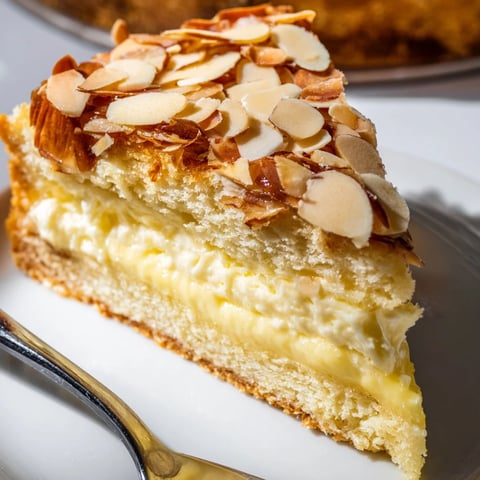Bienenstichkuchen mit karamellisierten Mandeln, cremiger Füllung und goldbraunem Teig.
